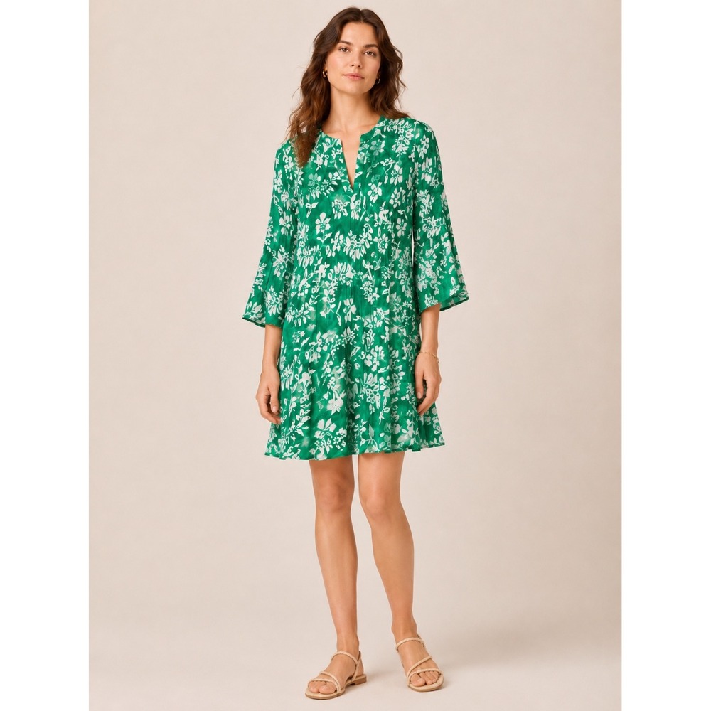 Sunny Leigh Womens Boho Floral Plisse V-Neck Mini Dress‎ Green Small Summer